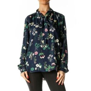 LOFT S Top Navy Blue Floral Print Bow Tied V Neckline Long Sleeve Blouse Sz M